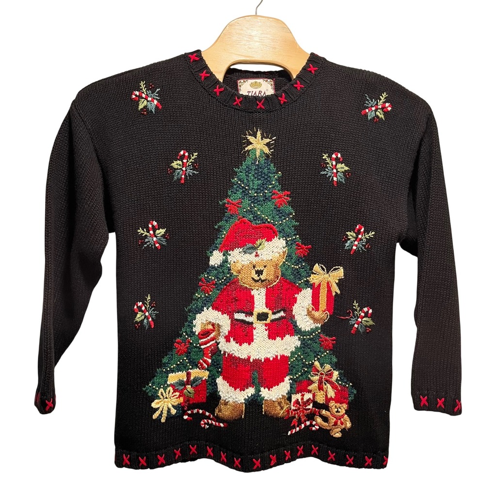 Tiara International Ugly Christmas‎ Sweater Black Santa Teddy Bear Tree XL